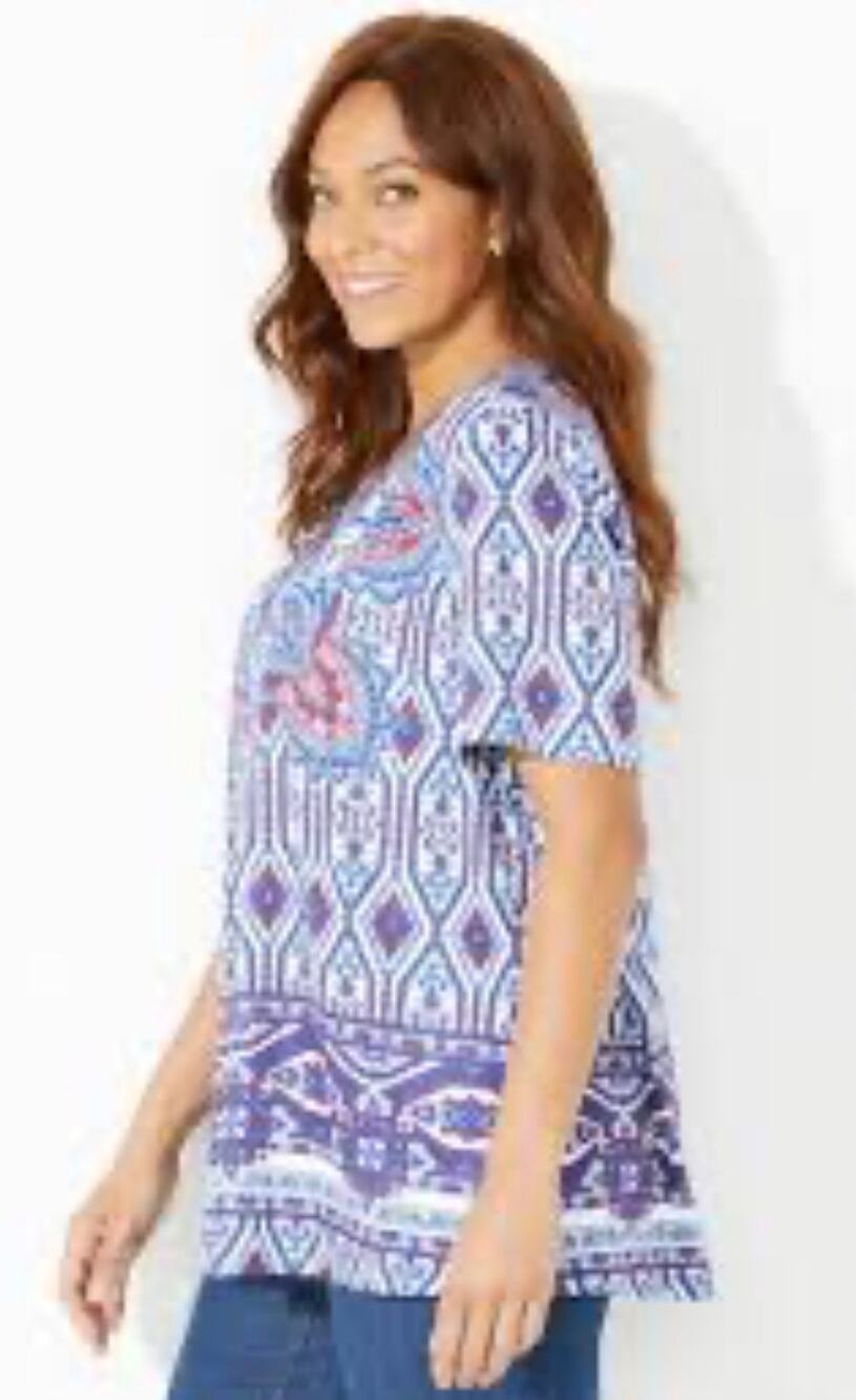 Catherines Knit Blouse Top Embellished Paisley Short Sleeve Blue 3X Resort
